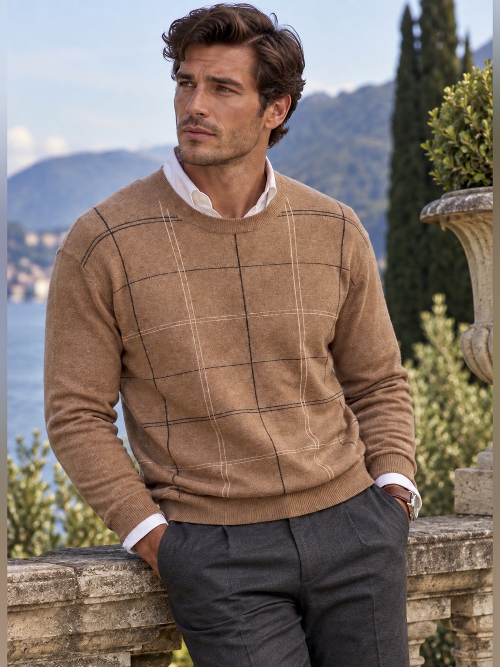 Luxe Preppy Grant Thomas 2-Ply Cashmere Camel Windowpane Sweater XL